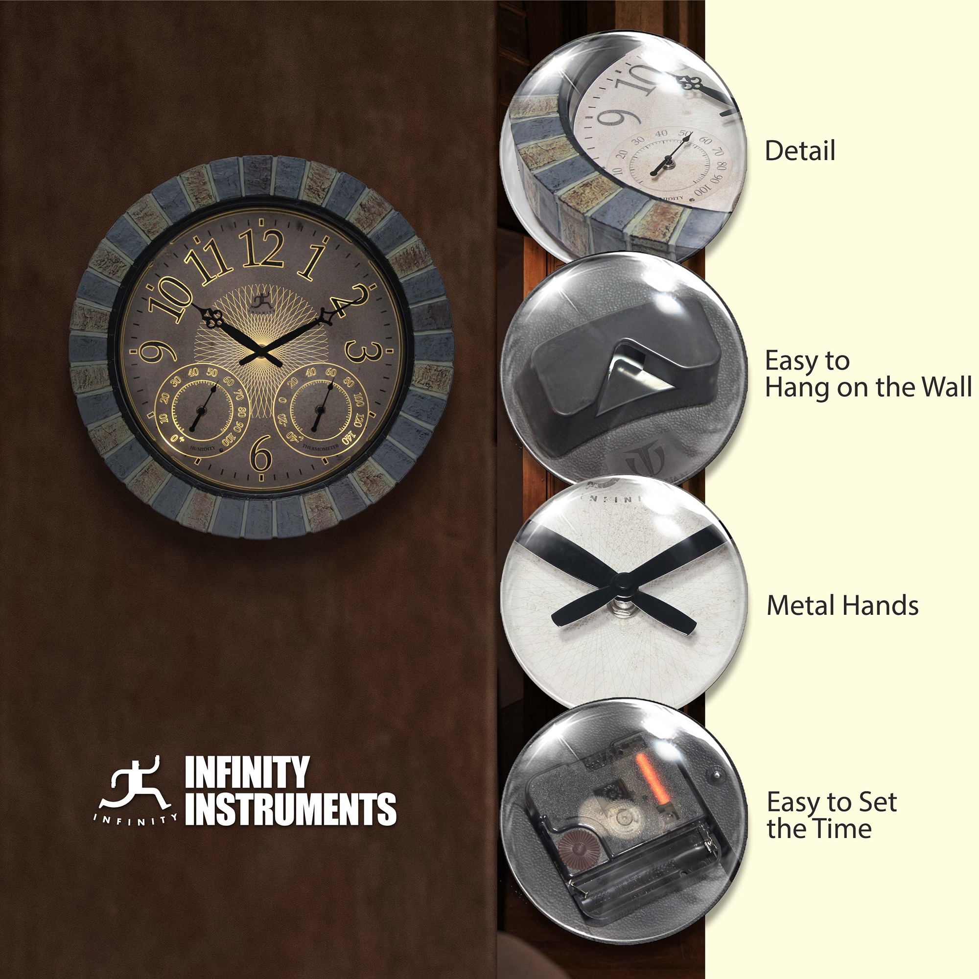 Infinity Instruments Aztec Indoor-Outdoor Wall Clock, Faux Stone, 18 Inch