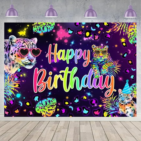 Image of 7 * 5ft Leopard Birthday Backdrop Cheetah Party Decorations Neon Rainbow Leopard Photography Background Safari Wild Cheetah Happy Birthday Photoshoot Backdrop Party Supplies for Women Girls