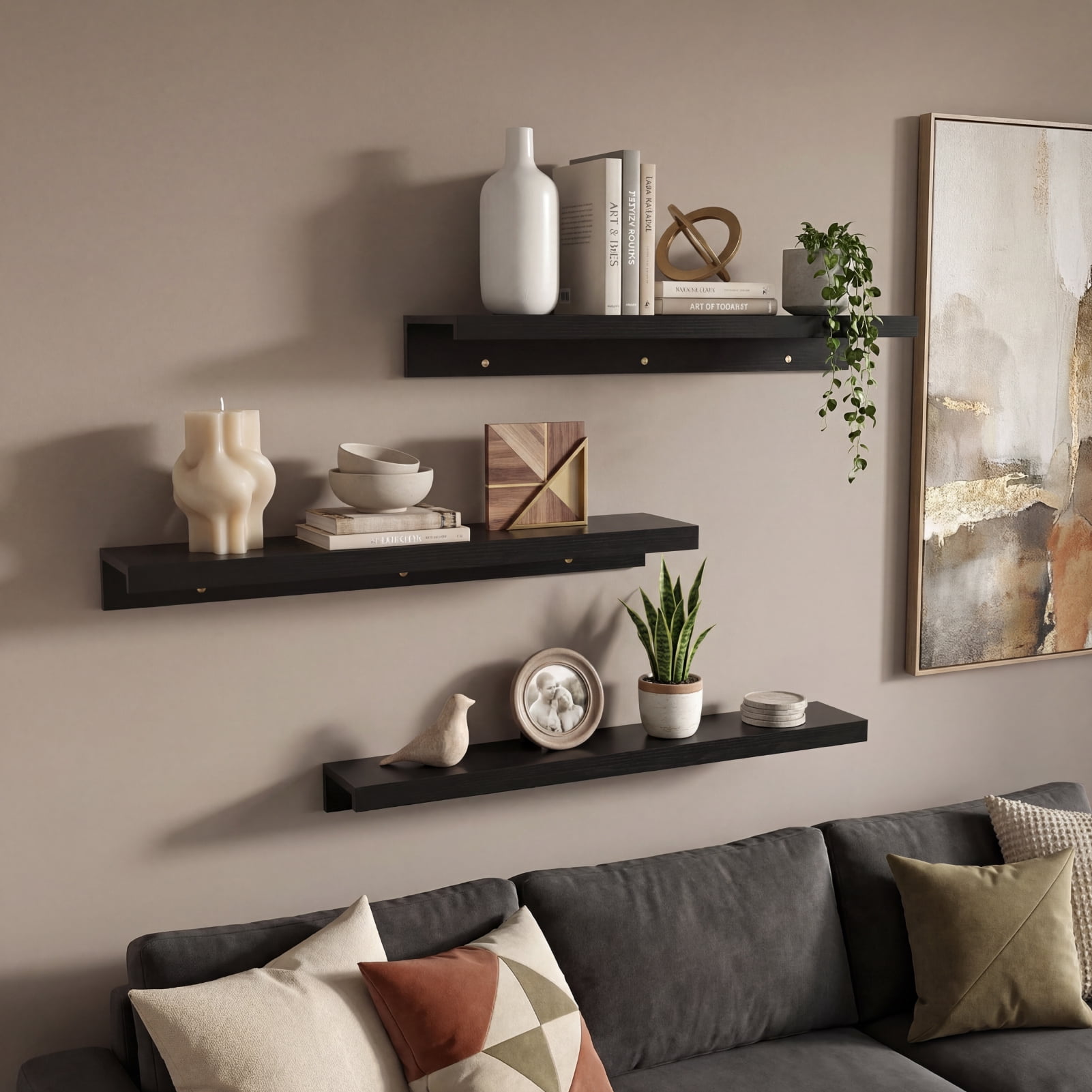 Floating Wall Shelves Set of 3, 36 inch Mounted Picture Ledge Shelf with Lip for Bathroom, Living Room, Kitchen, Black