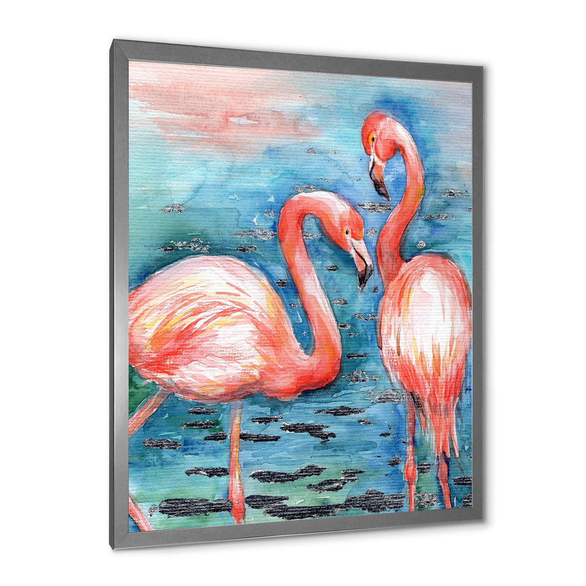 Designart 'Pink Flamingos Love Birds In Blue Water I' Farmhouse Framed Art Print