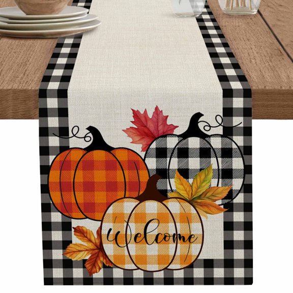 nqOlkjepod Vintage Plaid Pumpkins Table Runner 36 Inches Long Farmhouse Dress Scarves, Farmhouse Summer Botanical Rustic Dining Tablerunner for Coffee Table/Kitchen Island/Party Décor, Small 13"x36"