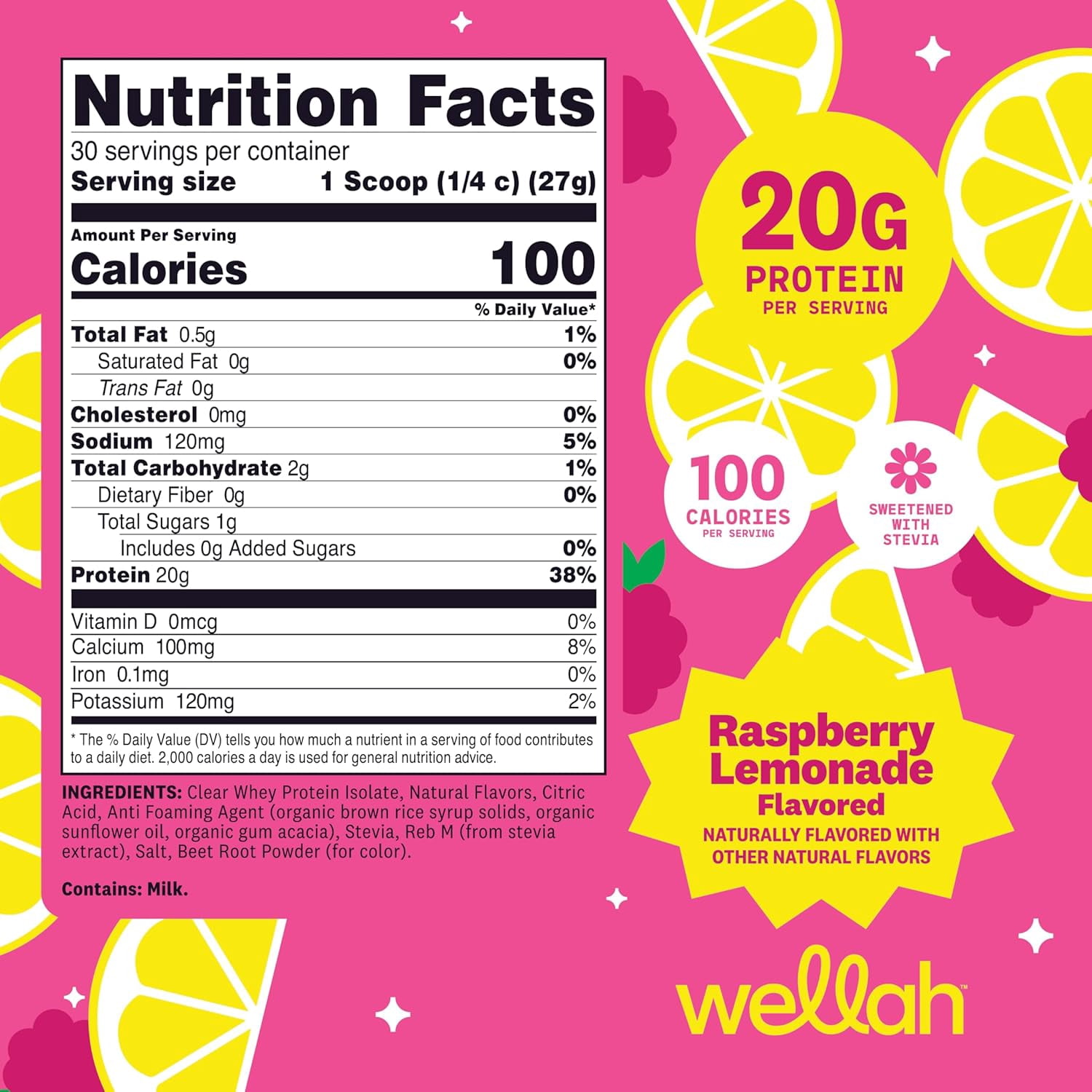 Wellah Clear Whey Protein Isolate Powder (Raspberry Lemonade) 30 Servings - 20g of Protein, 100 Calories, Sweetened with Stevia