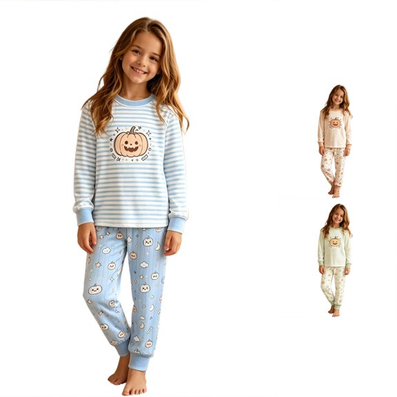 JAJAHO Halloween Kids Pajamas Boy Girl Long Sleeve Top And Pants Set Pumpkin Sleepwear 2 Piece Set 2-10Y