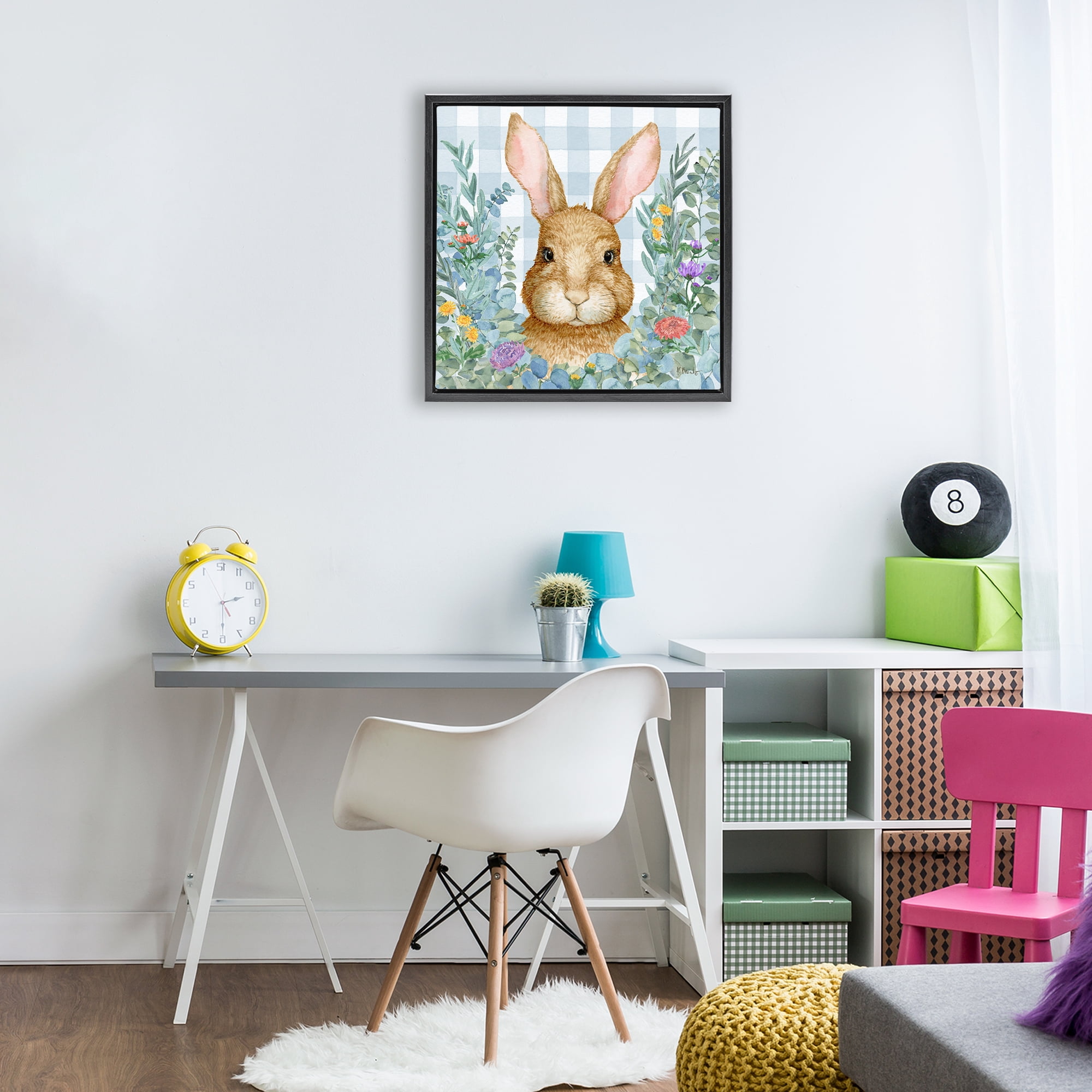 Stupell Industries Rabbit Laurel on Gingham Black Framed Floater Canvas Wall Art, design by Paul Brent