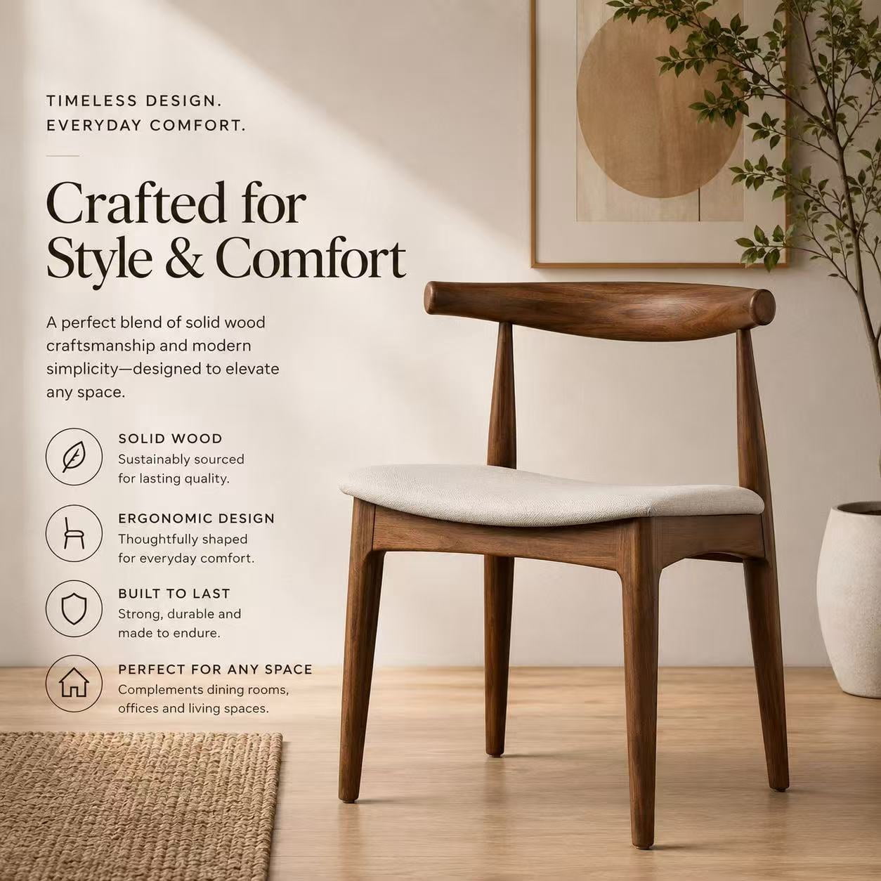 2xhome Set of 2 Contemporary Farmhouse Real Solid Wood Cloth Cushion Seat Dining Chairs Elbow Side Chair (Espresso-Beige Seat)