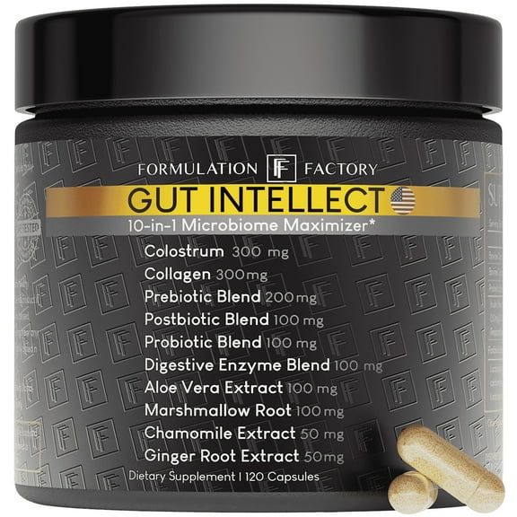 Formulation Factory Gut Intellect 10-in-1 Microbiome Maximizer Supplement, 2-Month Supply, Colostrum Collagen Prebiotic Postbiotic Probiotic Blends Aloe Vera Chamomile Extracts