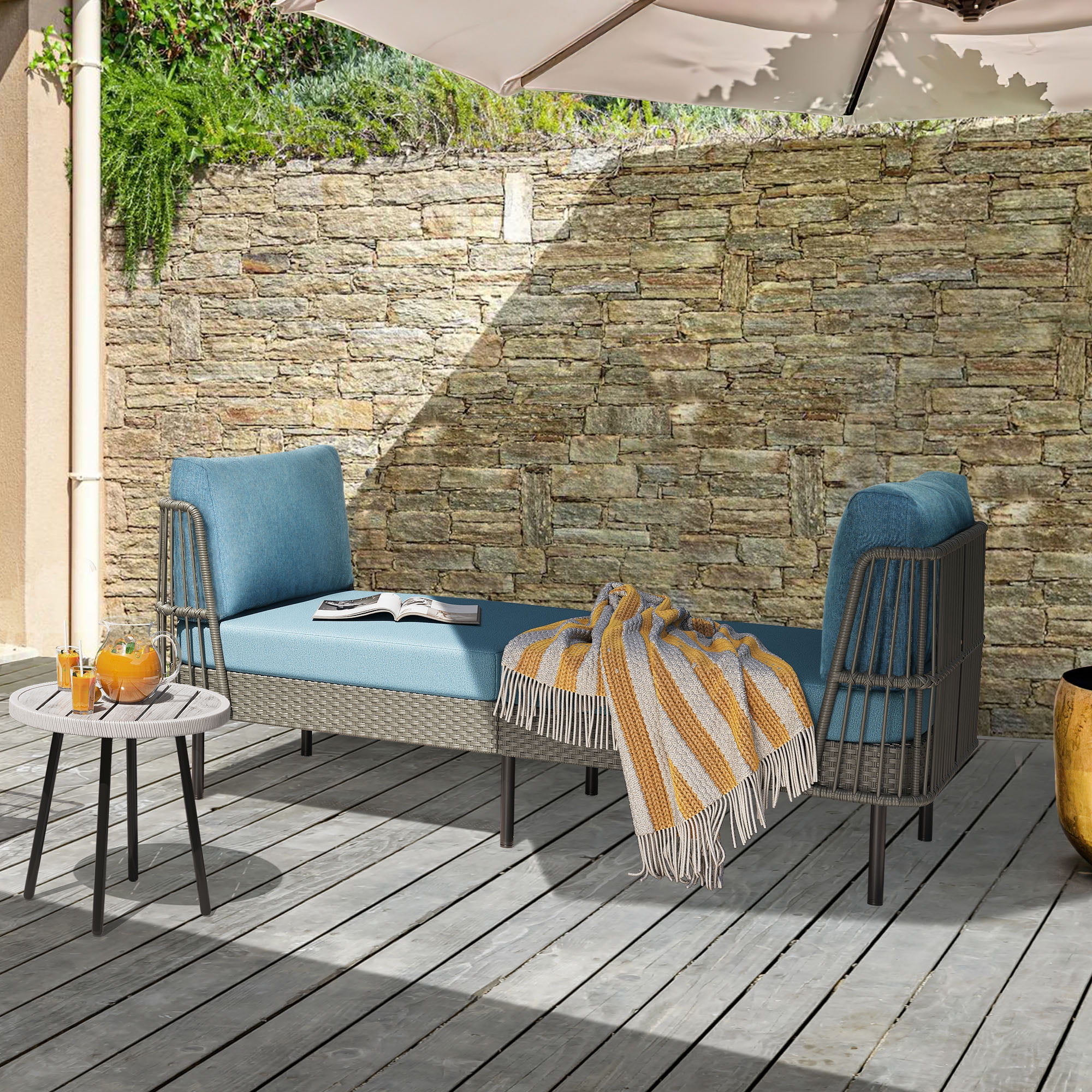 Dextrus Outdoor Daybed 74in Wicker Patio Sofa Bed With Thickness Cushion Indoor Bed Lounger for Balcony Garden Deck Lawn - Blue