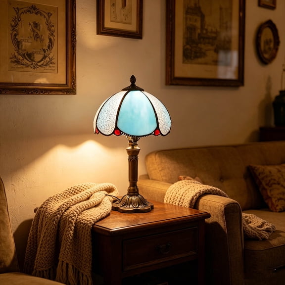 Tiffany Style Stained Glass Table Lamp, 14 Inch Vintage Bedside Light with Bronze Base, Warm Glass Shade Desk Lamp for Bedroom Living Room Decor