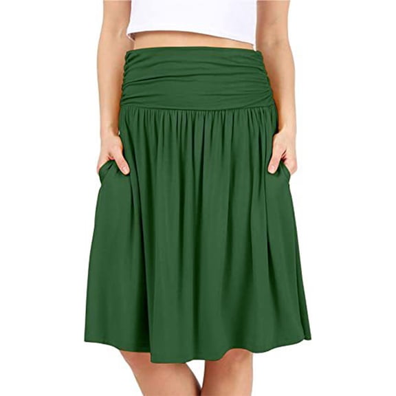 Ruimatai Women's Summer Skirt Solid Color Pleated Knee-Length Lightweight Comfortable Flowy Casual Party Dressy Polyester Skirt for Daily Wear