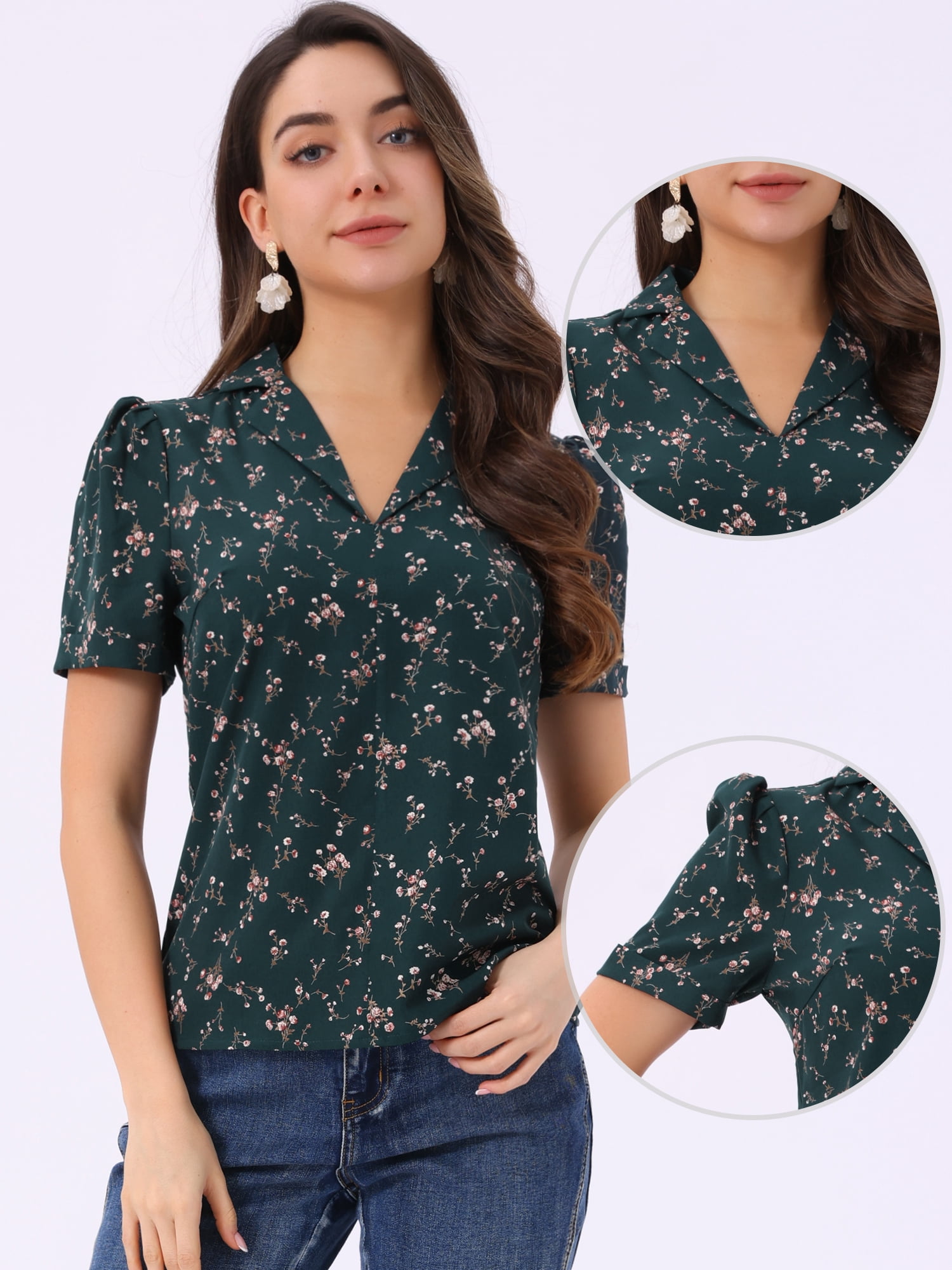 DARING DIVA Women's Floral Short Sleeve V Neck Blouses M Dark Green