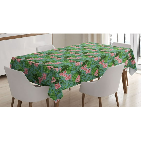 Luau Tablecloth, Exotic Illustration of Leaves and Pastel Tone Plumeria Flowers Repeated, Rectangle Satin Table Cover Accent for Dining Room and Kitchen, 52" X 70", Teal Green, by Ambesonne