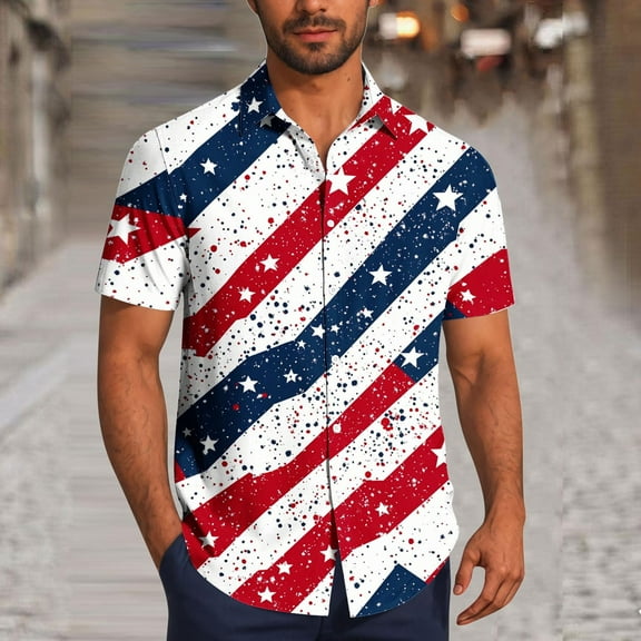 Jinhomg Mens Stars And Stripes Shirt Big And Tall Short Sleeve Button Down Shirts Casual Comfy American Flag Print Beach Tops Summer Vacation Outfit White XXXXL