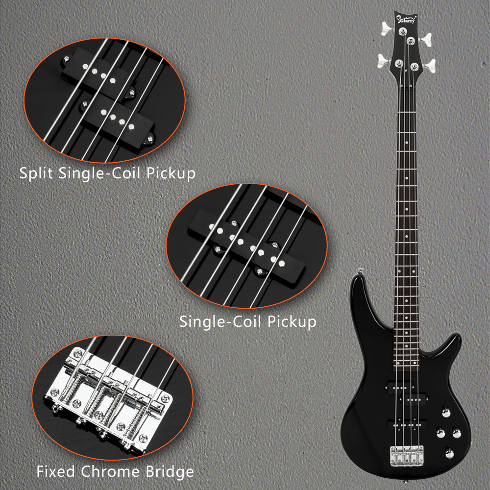 Tcbosik Electric Bass Guitar Full Size, 4 String Exquisite Stylish Bass with Bag, Strap, Plectrum, Amp Wire and Wrench Tool, Black