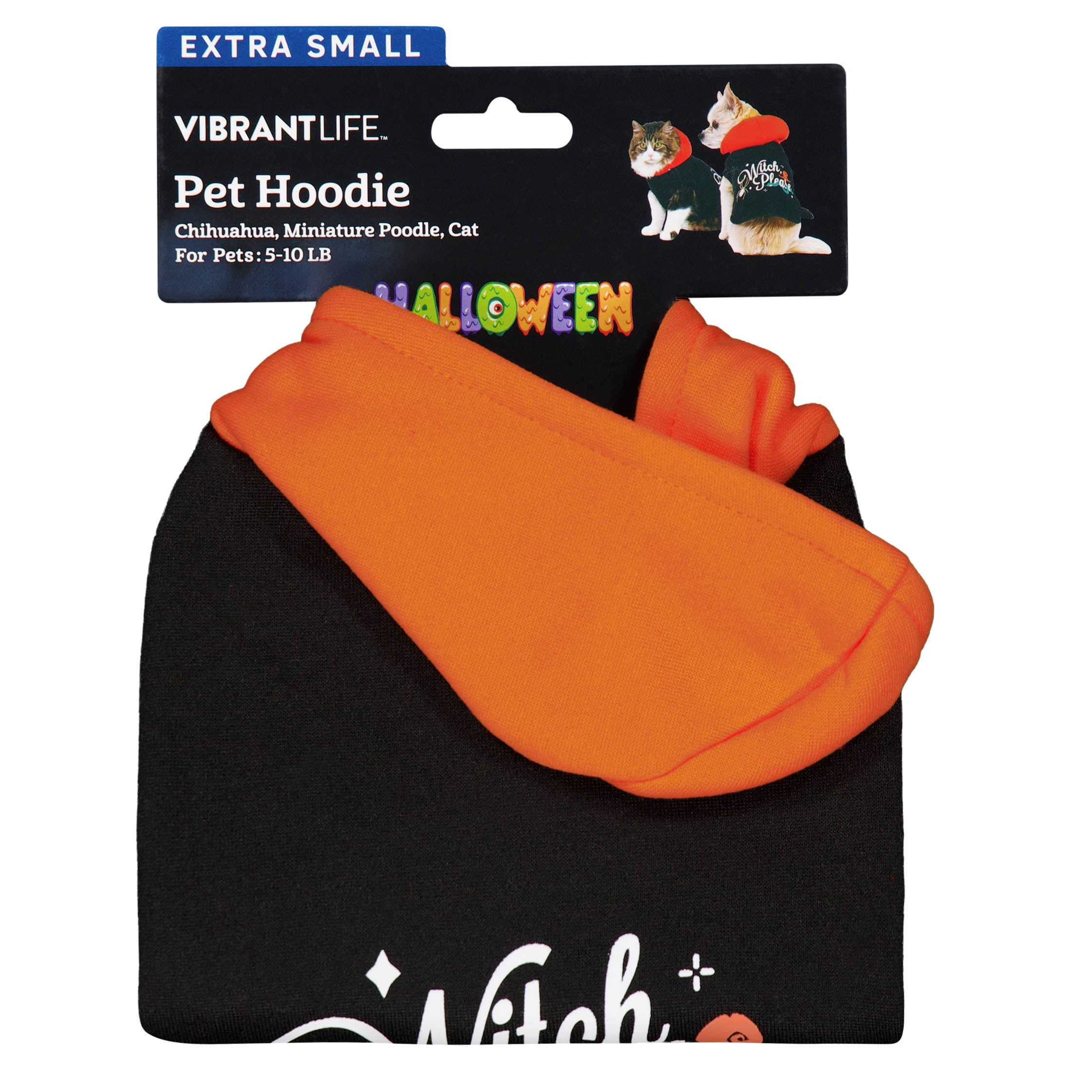 Vibrant Life Halloween Hoodie for Dogs and Cats, Witch Please, Orange and Black, XS