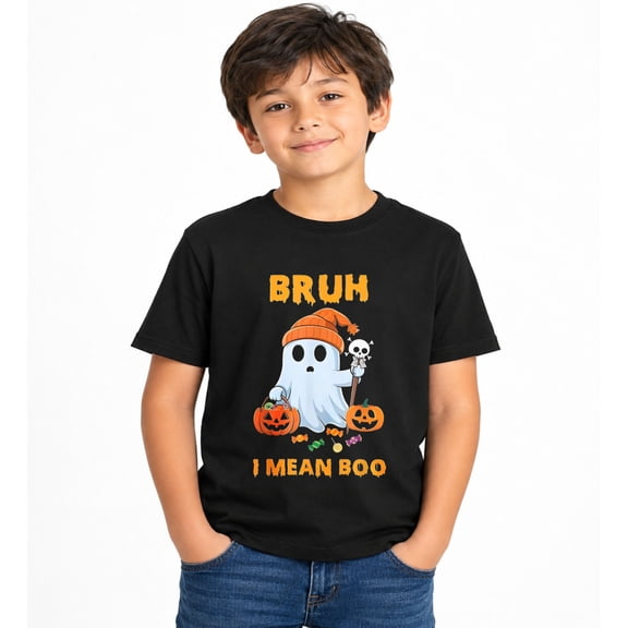 Cool Ghost and Pumpkins Halloween Graphic T-Shirt for Boys, Cute Seasonal Short Sleeve Shirt for Everyday Wear