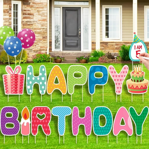 16Pcs Happy Birthday Yard Sign with Stakes, 15" Large Birthday Yard Signs Outdoor Lawn Decorations, A Writable Whiteboard & 3 Real Balloons, Weatherproof Corrugated Board