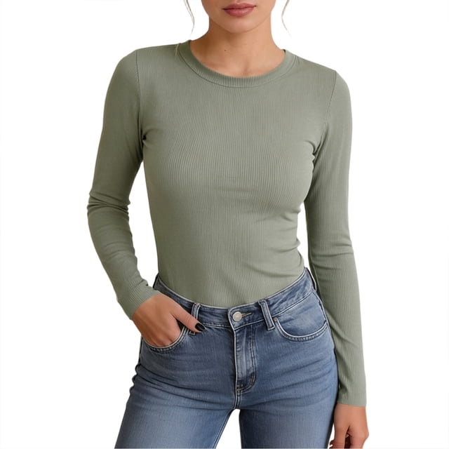 Fgnfyis T-Shirts à Manches Longues pour Femmes, Col Ras du Cou Extensible, T-Shirt Côtelé Ajusté, T-Shirts Basiques Décontractés pour Femmes, Vert Pâle, S