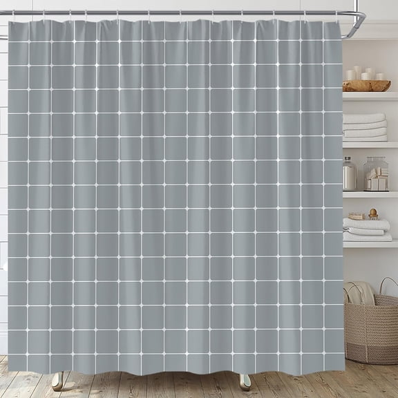 Gray Gingham Shower Curtain, Classic Plaid Waterproof Bathroom Curtain with Hooks, Modern Farmhouse Bathroom Decor 36"W x 72"H