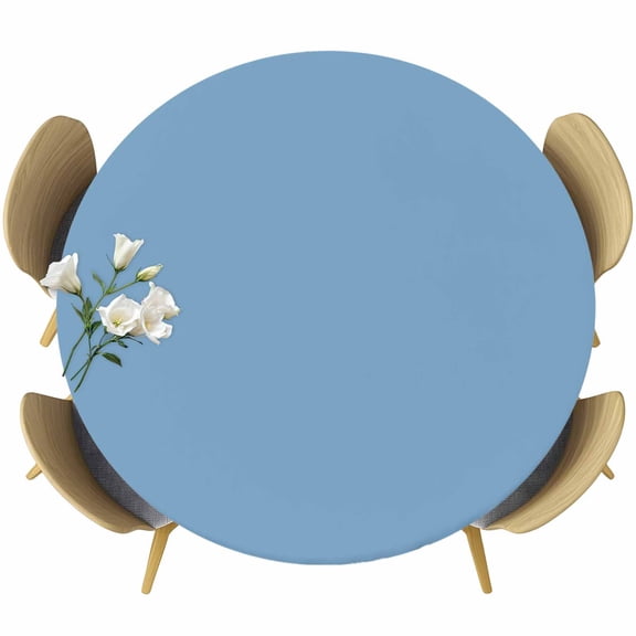 Dusty Blue Round Fitted Table Cover Solid Color Waterproof Table Cloth with Elastic Edge Wipeable Tablecloth for Picnic Camping Party Fits 55"-60" Diameter