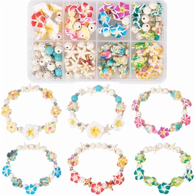 1 caja de 159 piezas DIY, 6 juegos de cuentas para hacer pulseras, arcilla polimérica, flores hawaianas, estrellas de mar, tortugas marinas, cuentas de playa, océano y verano.
