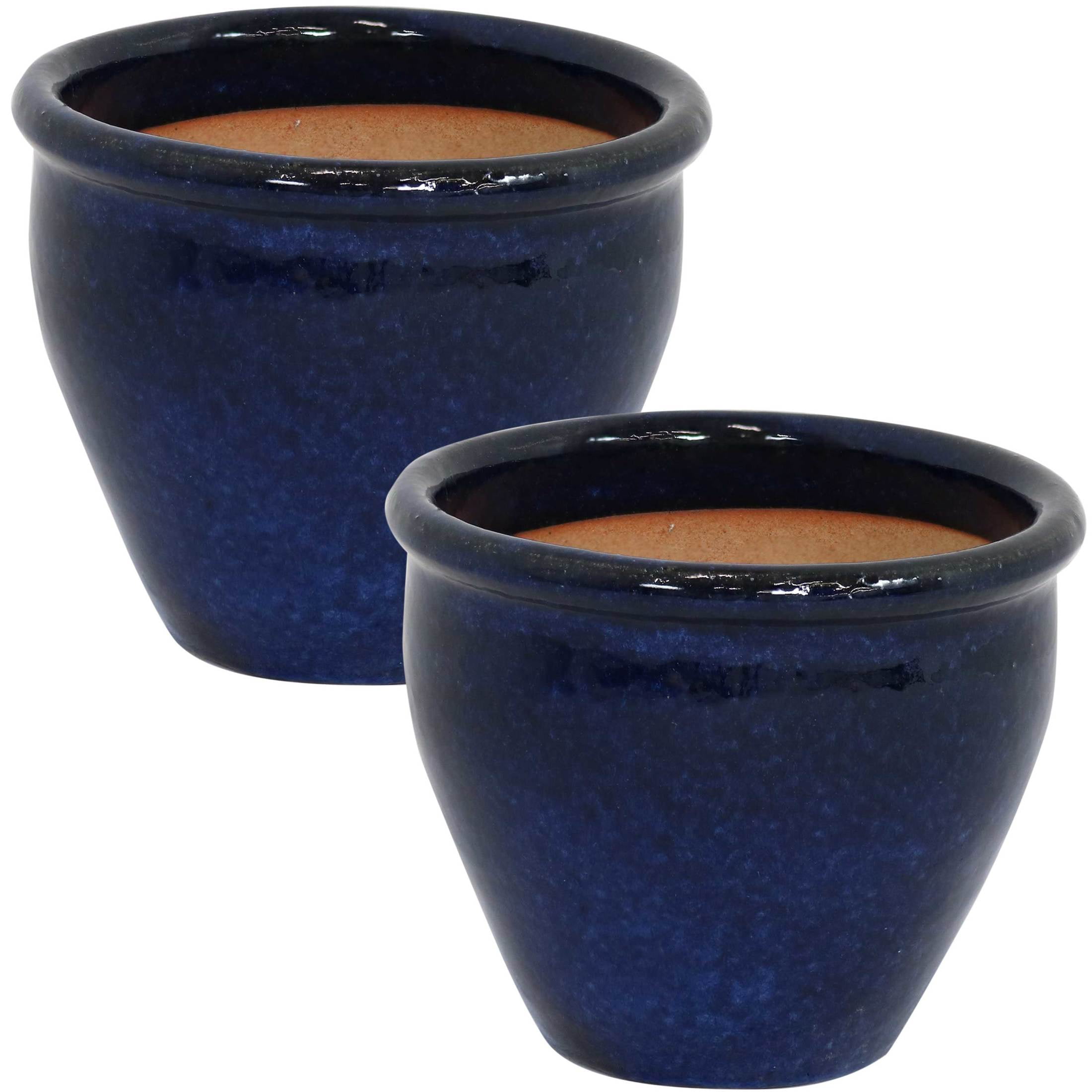 Sunnydaze Chalet 9.5" x 9.5" x 8" Round Imperial Blue Ceramic Outdoor Planter 2-Count