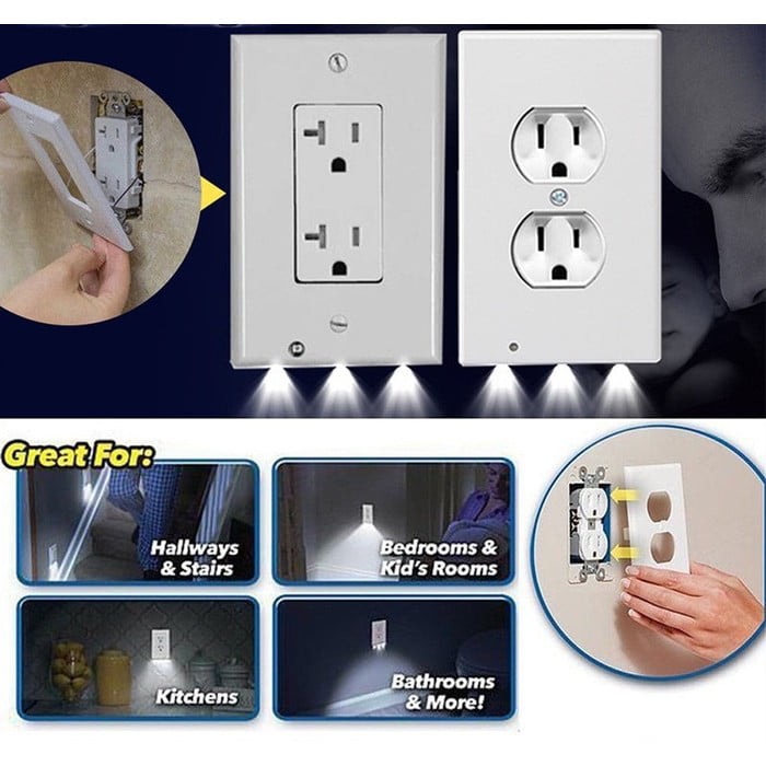 Night Wall  duplex outlet cover plate plug cover 3 LED lights with auto Sensor 