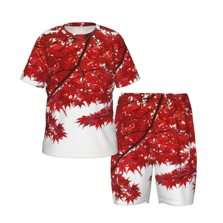 Picia Red Maple Leaf Printed Boys  Kids-PJ Snug Fit Cotton Short Sleeve Top and Shorts 2 Piece Pajama Set-Large
