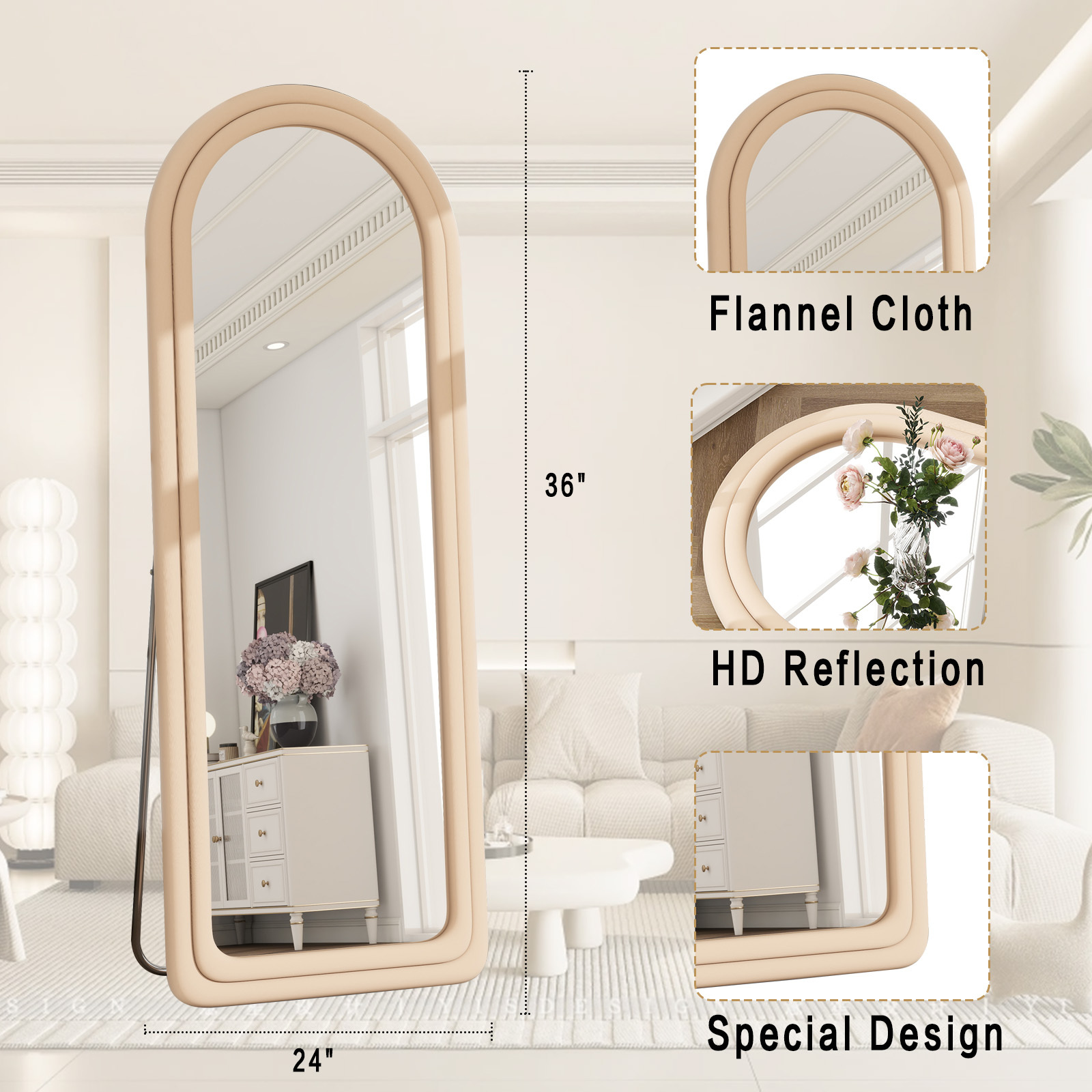 Anyrose 63"x24" Arched Full Length Mirror Round-Edge Floor Mirror With Flannel Frame, Light Brown