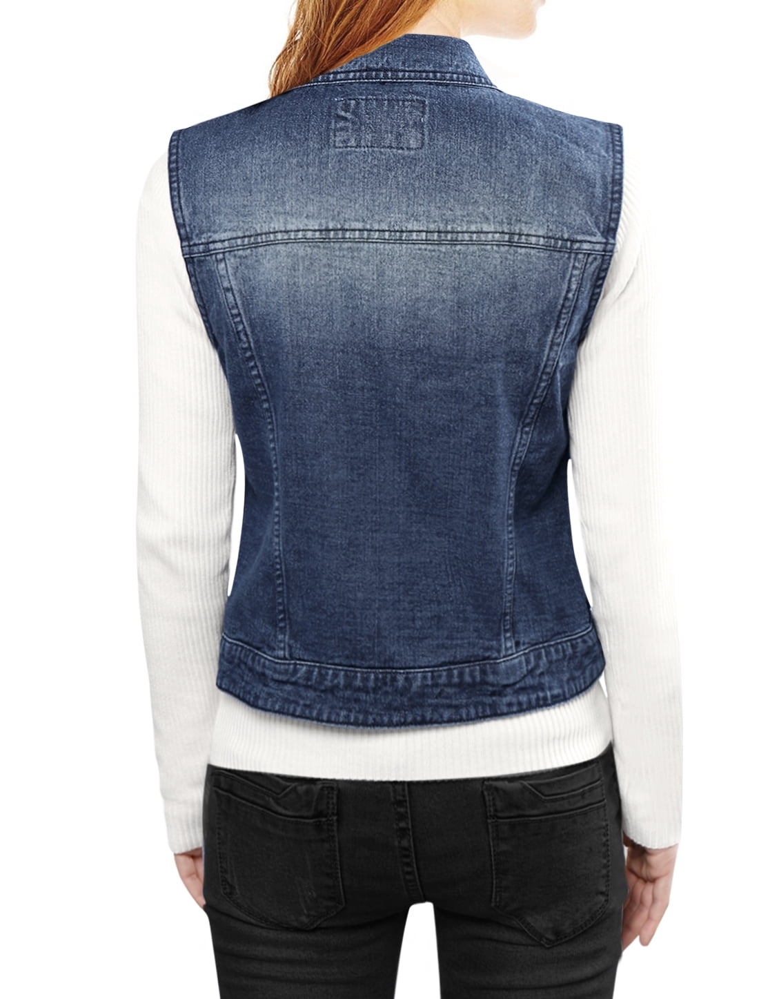 DARING DIVA Women's Denim Sleeveless Flap Pockets Vest Jacket M Dark Blue