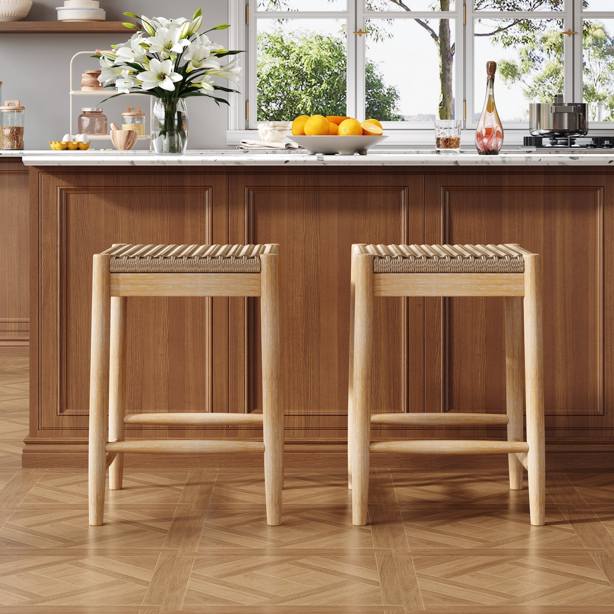 Christopher Knight Home 25.8" Boho Bar Stools, Backless Chairs with Wicker Seat, Wood Frame, Natural, Set of 2