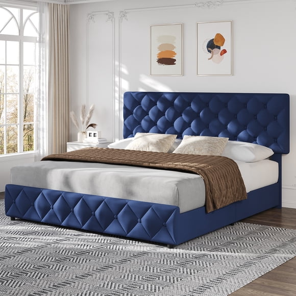 EDTara Upholstered Platform Bed with Storage Drawers & Adjustable Headboard, Linen Fabric, Diamond Button Tufted, No Box Spring Required