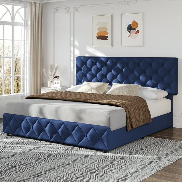 EDTara Upholstered Platform Bed with Storage Drawers & Adjustable Headboard, Linen Fabric, Diamond Button Tufted, No Box Spring Required