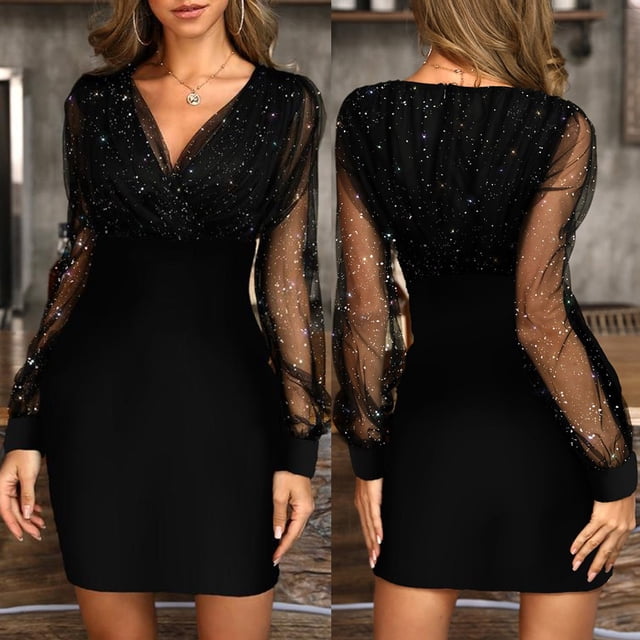 Jienlioq Robe pour Femmes Grande Taille Liquidation Wonen Paillettes Aguichant Nouvelle Été Femme Noir Rétro Élégante Fête Culb Robe