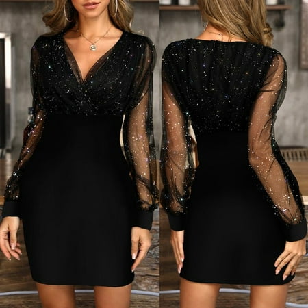 

cllios Party Dress for Women Sexy V Neck Lantern Long Sleeve Sequin Formal Gowns Elegant Wrap Bodycon Mini Evening Dress