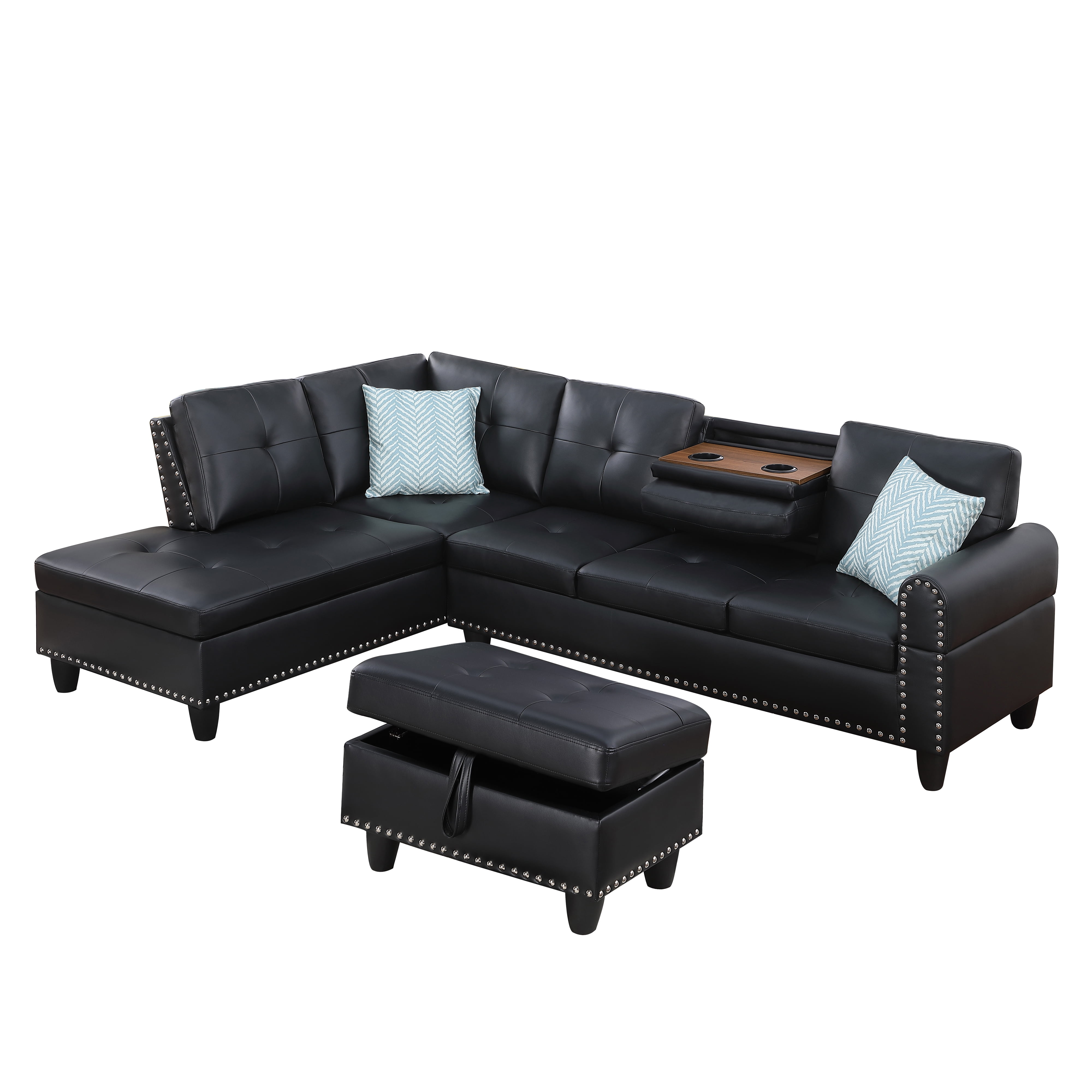 Gewnee 3-Piece L-Shaped Sectional Sofa with Chaise, Storage Ottoman, Cup Holders, 4-Seat, Faux Leather,Black