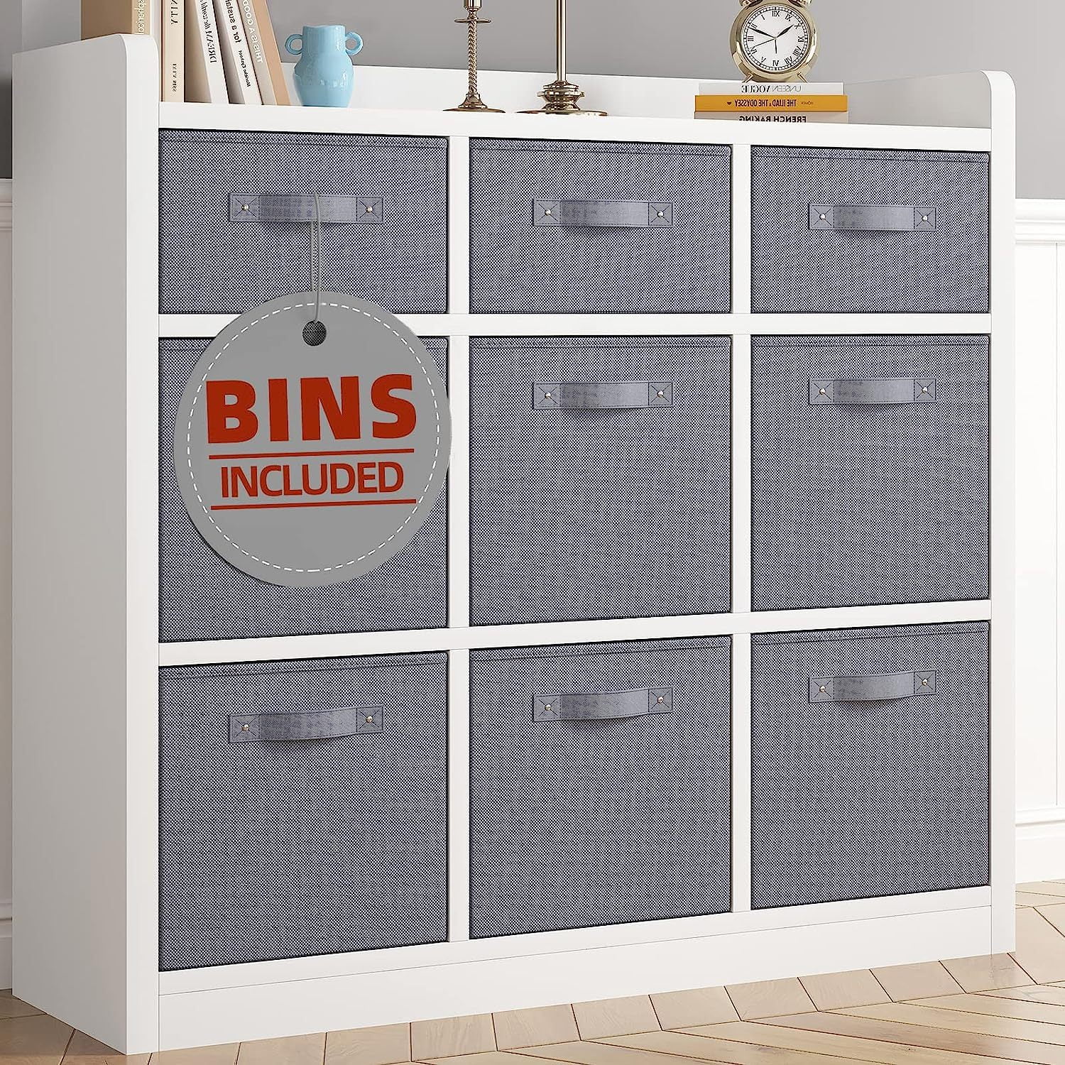 FulnKye Cube Storage Organizer with Fabric Storage Cube Bins 9 Wooden