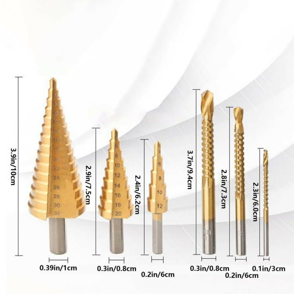 6Pcs Step Drill Bit Impact Drill Bits With Triangle Handle 35 ° Blade Design 2 Spiral Flutes High Hardness Wear Resistance 2-in-1 Metal Step Drill Bit