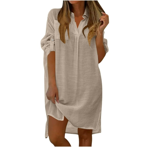 Wdfiry T-shirt Dress for Women Solid Color Cotton Linen Lapel Button Long Sleeve Dress Casual Side Slit Dresses with Pocket