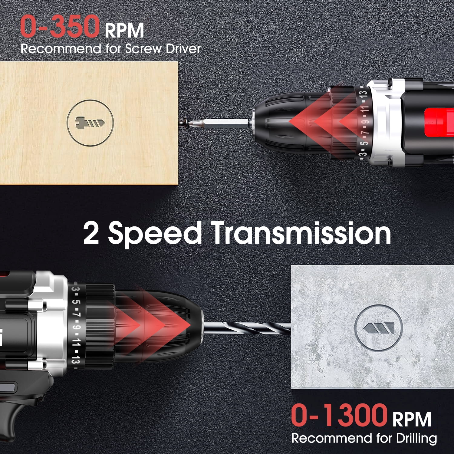 Qunler 21V Cordless Drill, Power Drill Driver Set with 2 Batteries, 3/8"Keyless Chuck, 25+1 Position, 2 Variable Speed, Built-in LED for Drilling and Screw Driving