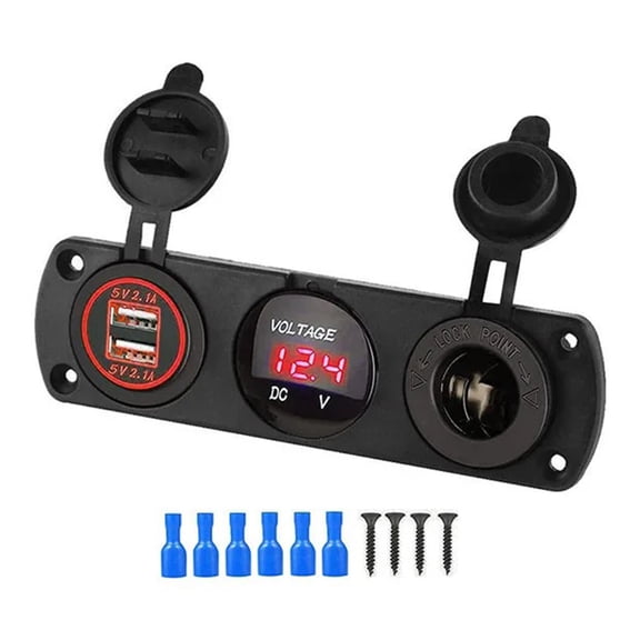 12-24V Socket Splitter 3 in 1 Waterproof Double USB Charging Adapter Socket Panel LED Voltmeter for Car Boats Truck Vehicles