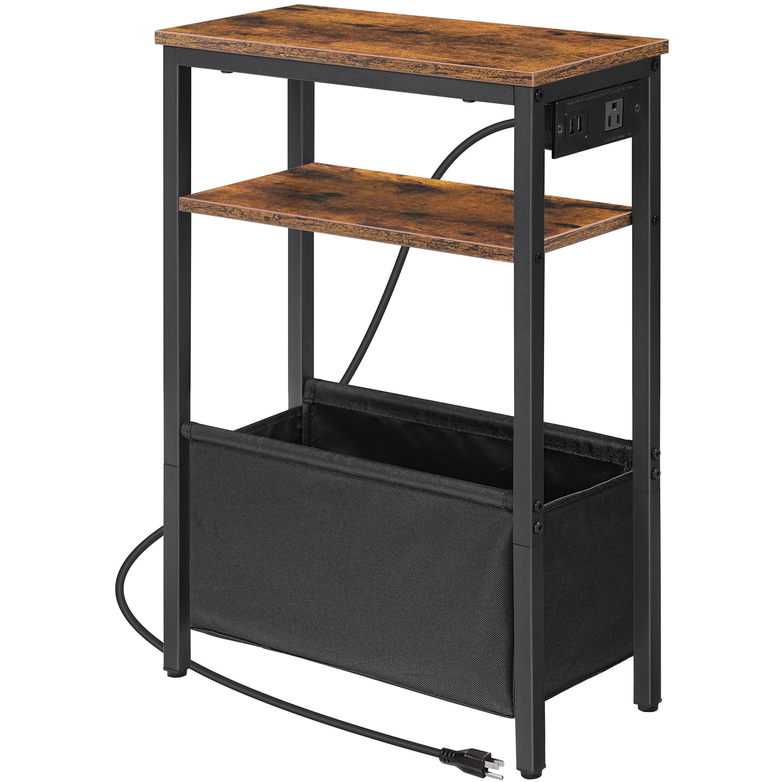 HOOBRO Small Narrow Side Table, Skinny End Table with Charging Station, Extra Slim Nightstand with Storage for Small Spaces, Thin End Table for Living Room, Rustic Brown and Black BF125UBZ01