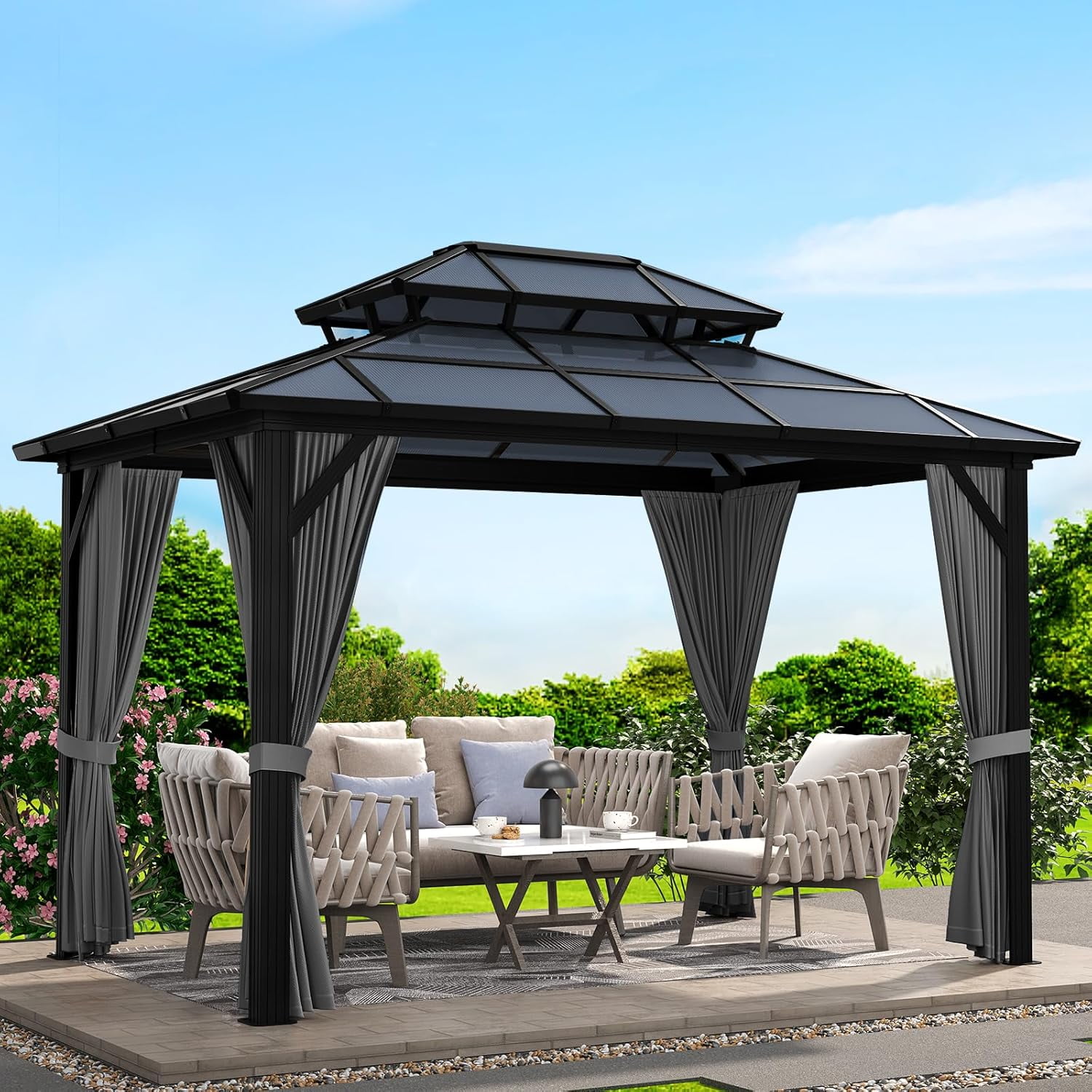 2025 New 10x13ft Gazebo, Hardtop Outdoor Canopy Aluminum Frame Permanent Gazebo with Netting and Curtains, Polycarbonate Garden Tent for Patio, Lawn, Backyard, Deck