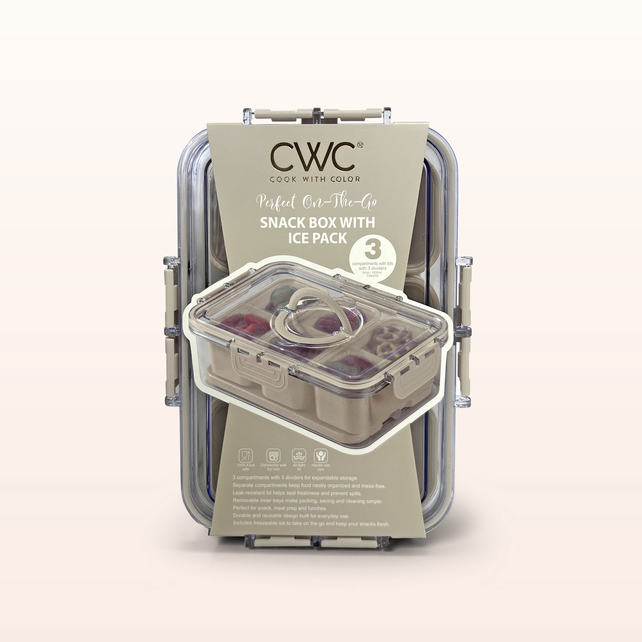 Cook with Color 3-Compartment Portable Snack Box Food Storage Container with Removable Ice Pack, Taupe