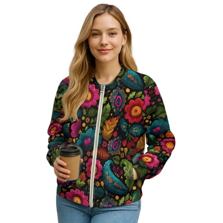 Xixirimido Women s Bomber Jacket Lightweight Casual Coat with Pockets Zip Up Windbreaker Jacket Fall Winter Outfit Trendy Bohemian Mandala Paisley Flower Large