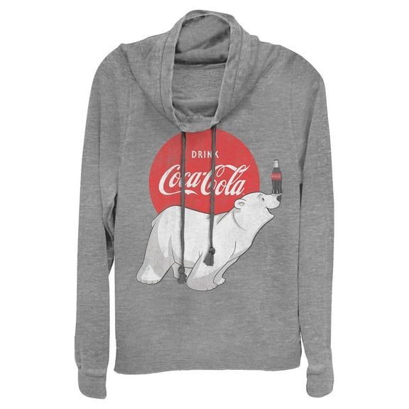 Junior's Coca Cola Polar Bear  Cowl Neck Sweatshirt Gray Heather Small