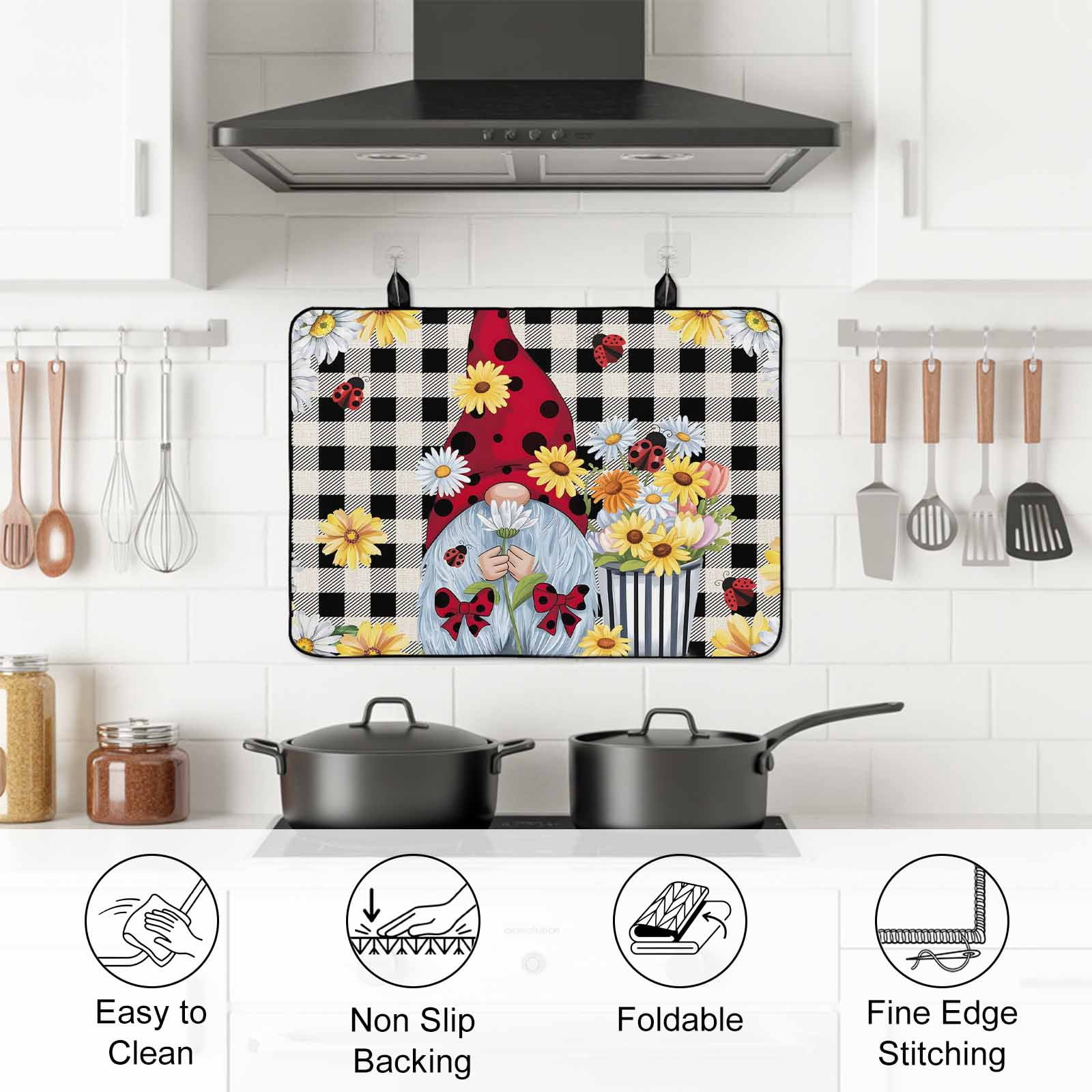 Gnomes Daisy Stove Top Cover for Electric Stove, Heat-proof & Non Slip Glass Top Stove Cover Protector, Retro Farmhouse Floral Black Buffalo Plaid Kitchen Flat Cooktop Rubber Mat 31x24 Inches