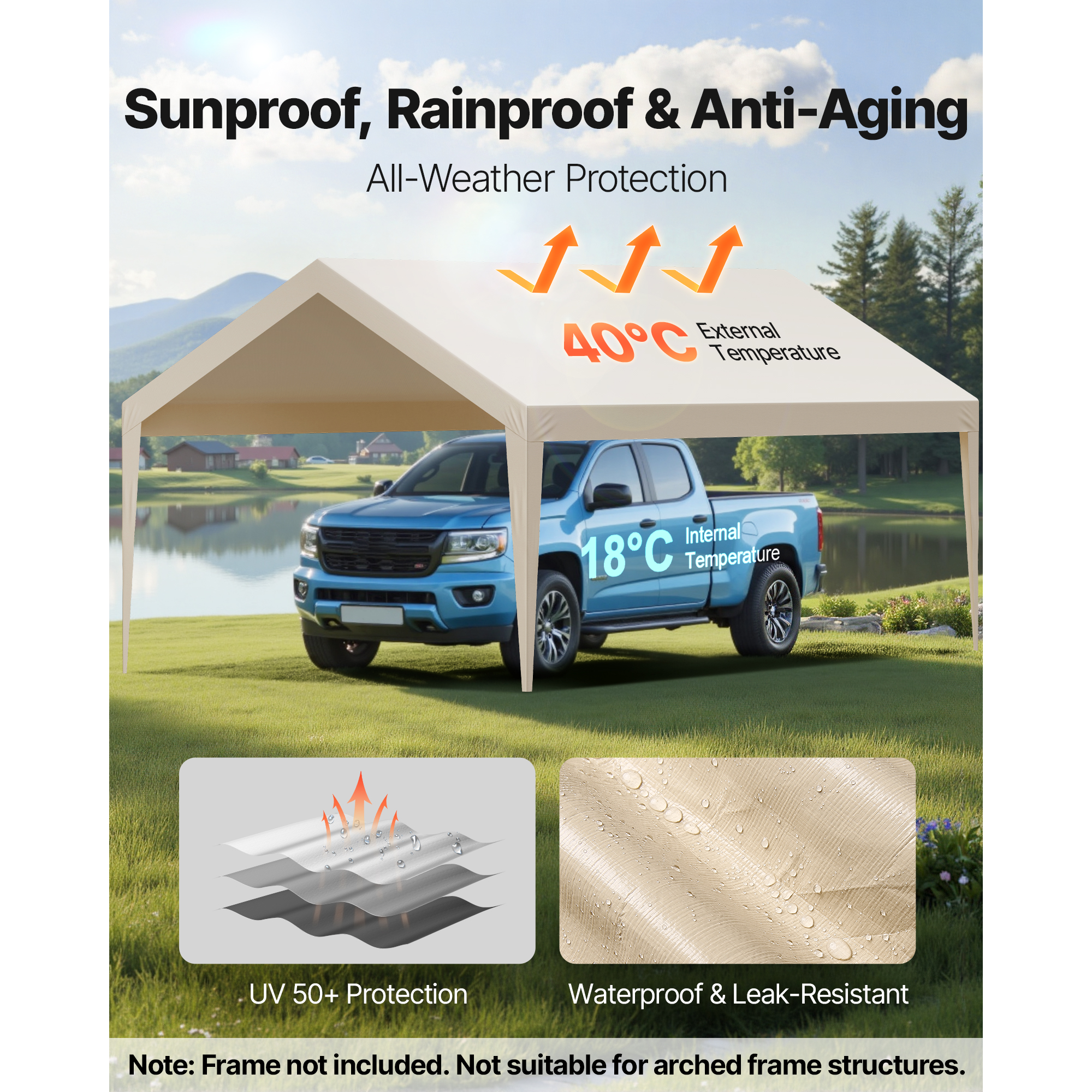 KFFKFF 12' x 20' Carport Replacement Canopy, UV-Resistant Waterproof Car Shelter Cover, Durable Portable Garage Tent Top