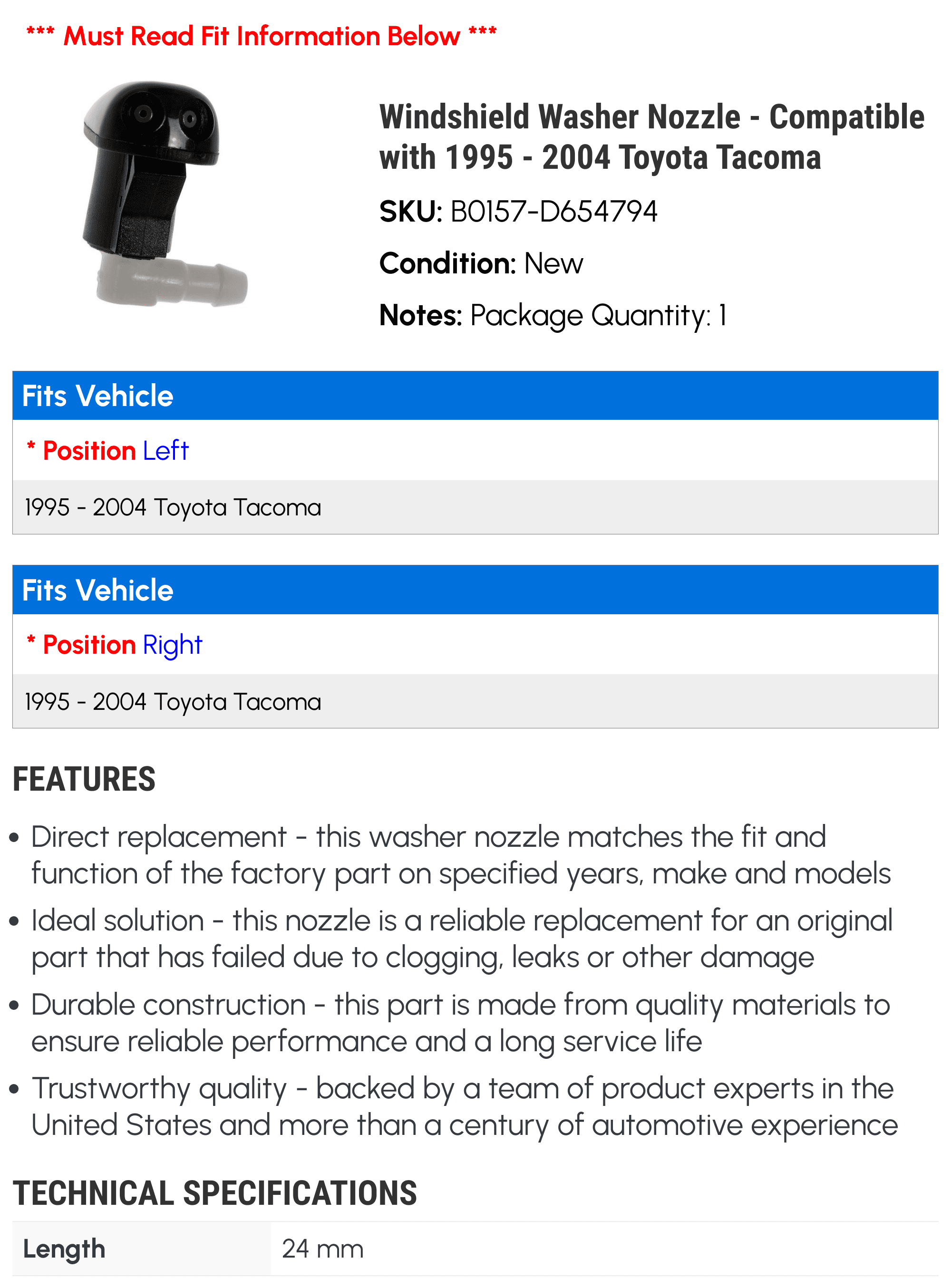 Pair Of Windshield Washer Nozzles – Fits 2001-2004 Toyota Tacoma (Left & Right Sides)