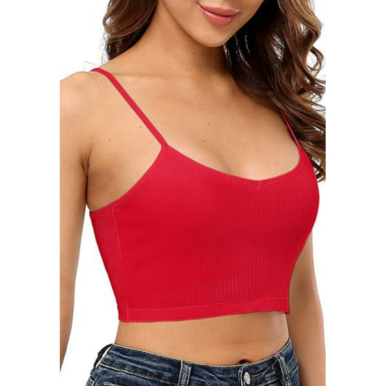 Charmo Womens Crop Cami Tops Built-in Bra Basic Ribbed Knit