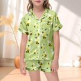 thumbnail image 2 of Girls Summer Silk Pajamas Cute Printed Short Sleeve Pjs Button Down Comfy Home Clothes Two-Piece Pj Sleepwear Sets Green,140, 2 of 5